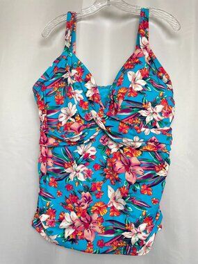 NWT Lands' End Twist Front Flutter HawaiianVacation Floral Tankini Swim Top 18DD